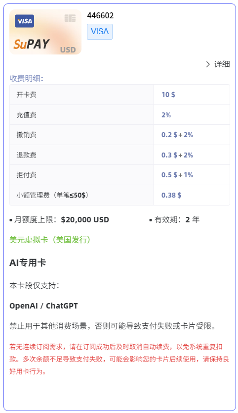 SuPayCard Visa 446602 AI专用卡:费用和仅支持OpenAI、ChatGPT的限制